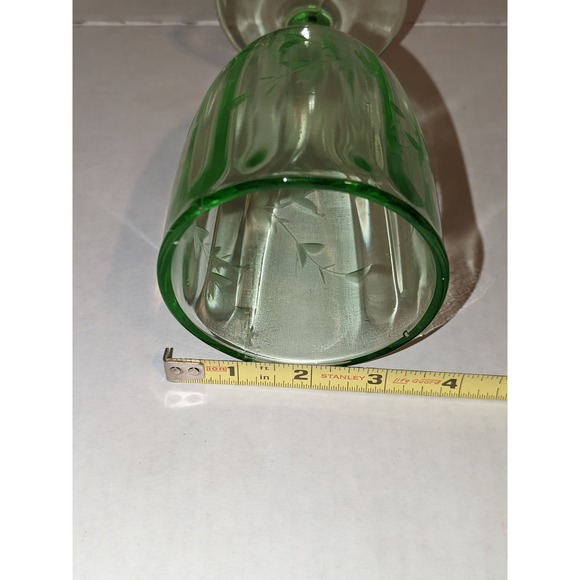 Vintage 7" Uranium Vaseline Glass Water Goblet Etched Flowers Pedestal Flaw - Picture 9 of 9